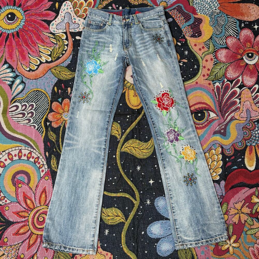 90s Y2k Floral Embroidered Embellished Jeans Fairy Grunge Western Cowgirl 26